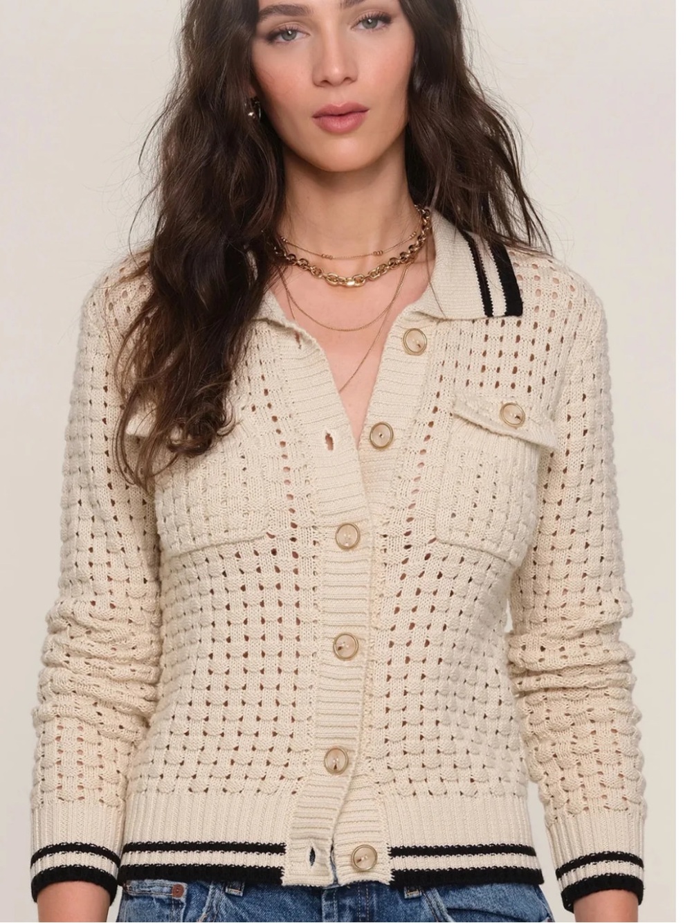 Heartloom Womens Sz Large Posey Cardi Cardigan Sweater Beige Black Marble Button